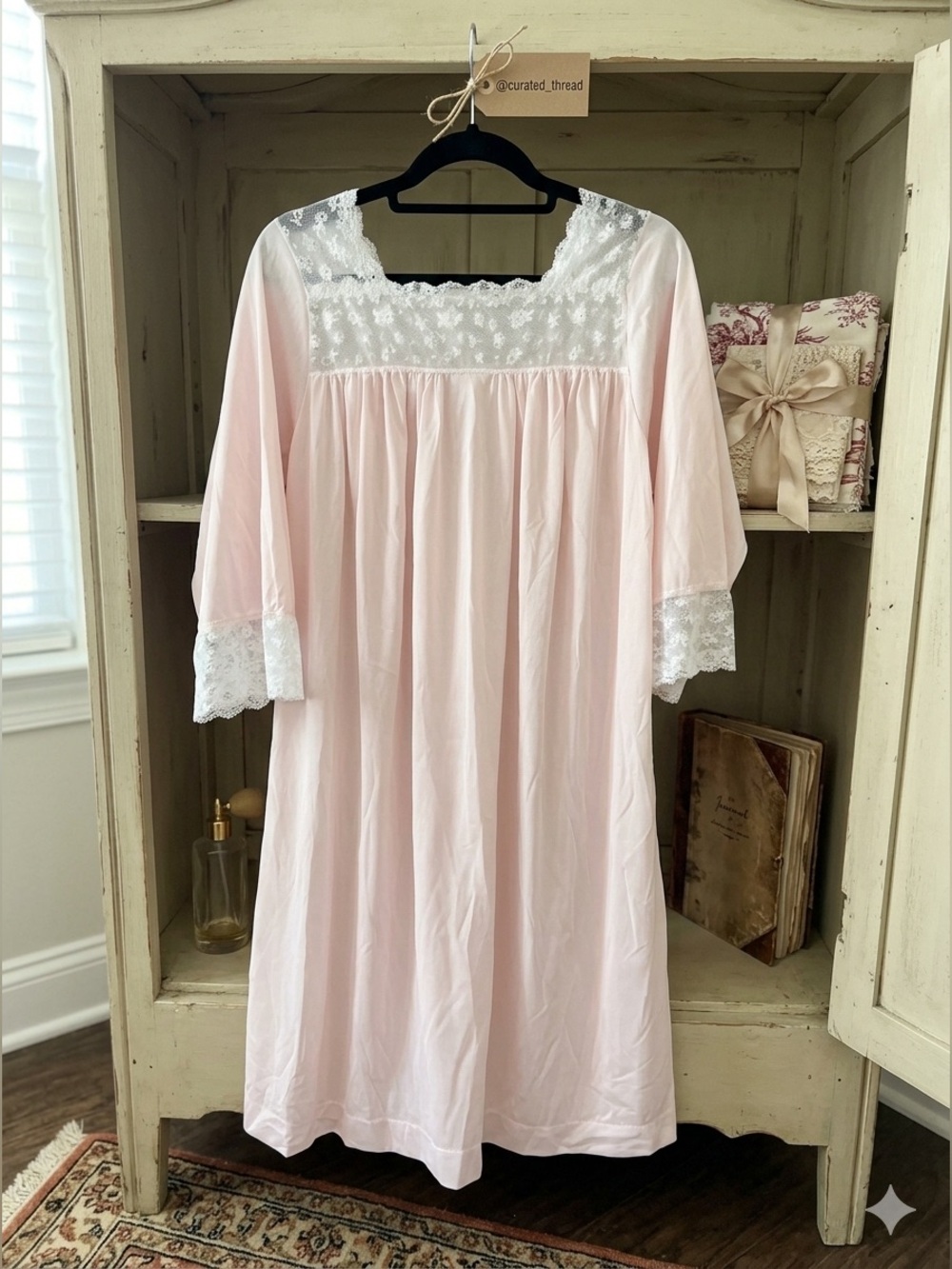 Vintage Lord & Taylor Nightgown Pink & white Stain Sheer white lace trim medium